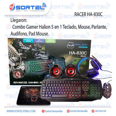 COMBO GAMER HALION 5 EN 1 RACER HA-830C TECLADO + MOUSE + AUDIFONO + PARLANTES + PAD MOUSE