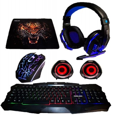 COMBO GAMER HALION 5 EN 1 RACER HA-830C TECLADO + MOUSE + AUDIFONO + PARLANTES + PAD MOUSE