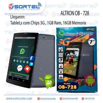 TABLET ALTRON 7′ OB-728, Quadcore, 1GB 16GB 32GB,Radio FM, WEB CAM X2, 3G DUAL SIM, Android 8.1 Oreo GO