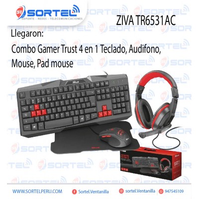 Combo Gamer Trust 4 En 1 Ziva TR6531AC Teclado + Audífonos + Mouse + Pad mouse