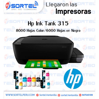 IMPRESORA MULTIFUNCIONAL CON TANQUE DE TINTA HP 315, IMPRIME/ESCÁNER/COPIA, USB.