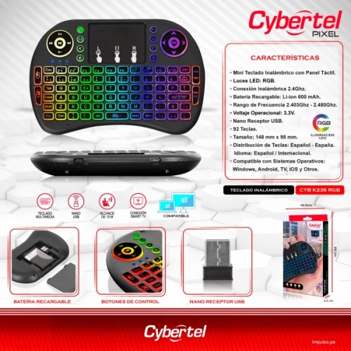 MINI TECLADO PARA SMARTV  CYBERTEL PIXEL - CYB K236 RGB  INALAMBRICO CON PANEL TACTIL