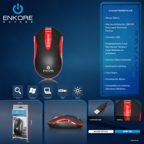 MOUSE OPTICO ALAMBRICO ENKORE SAVAGE EKM 106