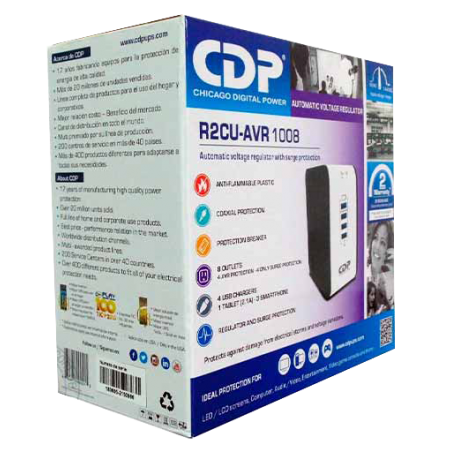 ESTABILIZADOR 8 TOMAS CDP R2C-AVR 1008I 600VA 720W CON PUERTOS USB
