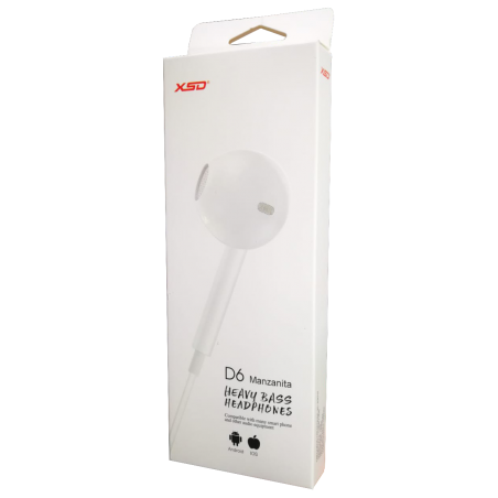 AUDIFONO DE CELULAR XSD D6 MANZANITA BLANCO Y NEGRO