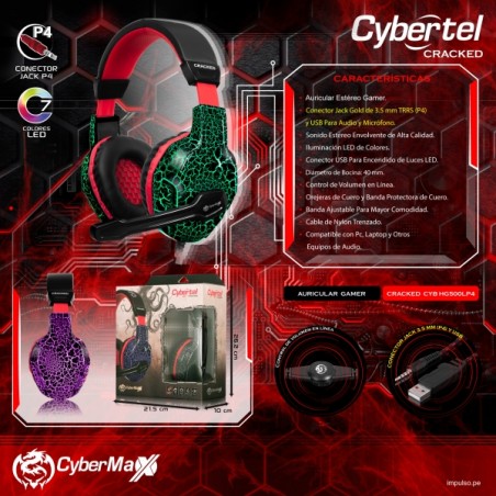 AUDIFONO GAMER CYBERTEL CRACKED CYB HG 500LP4 RGB