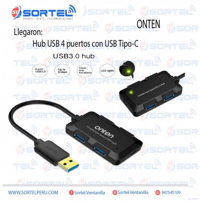 Mini Hub Usb 3.0 De 4 Puertos Onten Negro Para Pc O Laptop