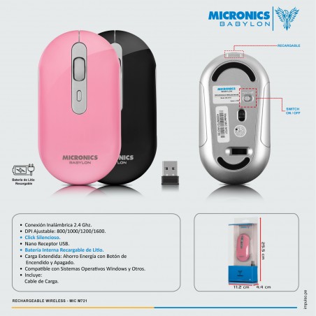 MOUSE INALAMBRICO RECARGABLE  MICRONICS BABYLON MIC M721 NEGRO