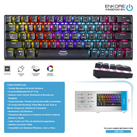 TECLADO GAMER MECANICO ENKORE KINGDOM 64 ENK1008 RAINBOW RGB