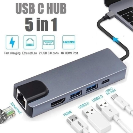 HUB TIPO C 5 EN 1 PUERTOS 2 USB, TIPO C, HDMI, ETHERNET