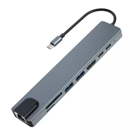HUB TIPO C 8 EN 1 USB - RJ45 - HDMI - LECTOR DE MEMORIAS SD