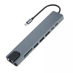 HUB TIPO C 8 EN 1 USB - RJ45 - HDMI - LECTOR DE MEMORIAS SD