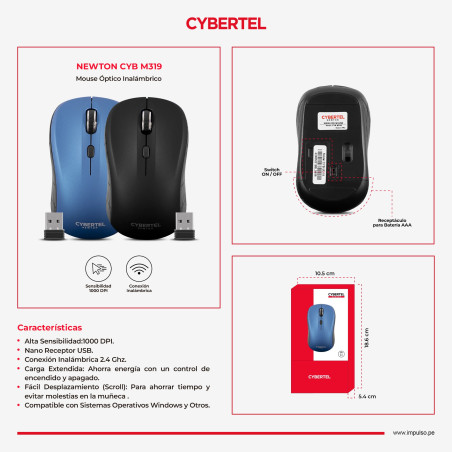 MOUSE INALAMBRICO CYBERTEL NEWTON CYB M319 AZUL
