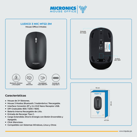 MOUSE INALAMBRICO MICRONICS LUDICO MIC M722 - 3M BT - WIFI RECARGABLE