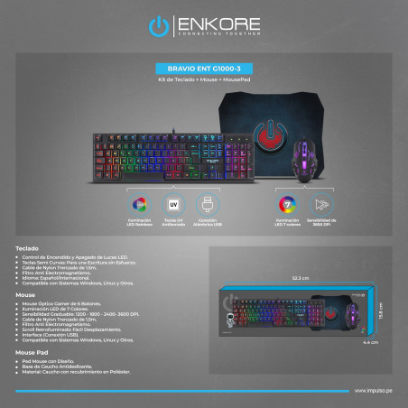 COMBO GAMER 3 EN 1 ENKORE BRAVIO3 G1000-3 TECLADO + MOUSE + PAD MOUSE