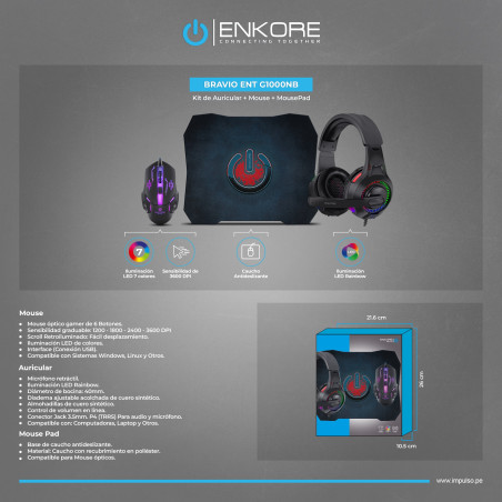 KIT GAMER 3 EN 1 ENKORE BRAVIO ENT G1000NB AUDIFONO + MOUSE + PAD MOUSE