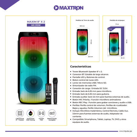 PARLANTE PORTATIL MAXTRON MAXIM MX313W 313W BT - SD - USB - FM
