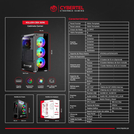 CASE O GABINETE GAMER PARA PC CYBERTEL KILLER CBX5016 RGB VIDRIO TEMPLADO