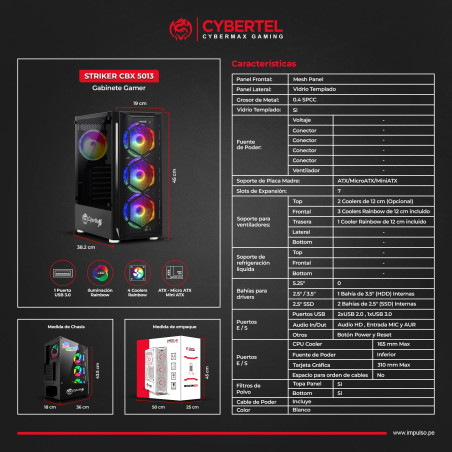 CASE O GABINETE GAMER CYBERTEL STRIKER CBX5013K RGB VIDRIO TEMPLADO