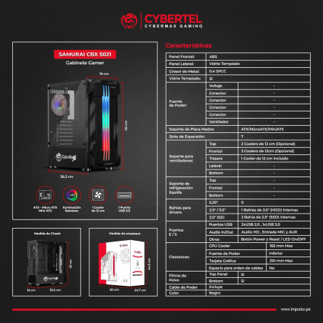 CASE O GABINETE GAMER CYBERTEL SAMURAI CBX5021 RGB VIDRIO TEMPLADO
