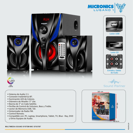 PARLANTE MICRONICS LUGANO 1 MIC S7037 BT - USB - SD -FM