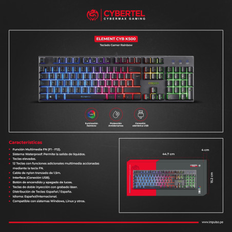 TECLADO GAMER USB CYBERTEL ELEMENT CYB K500 RGB