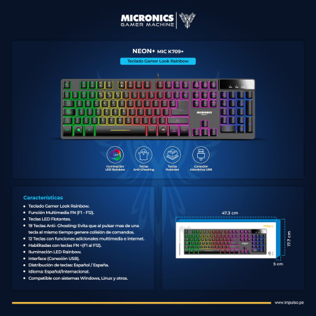 TECLADO GAMER MICRONICS NEON+ MIC K709+ RGB USB NEGRO