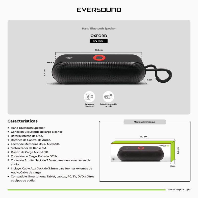 PARLANTE EVERSOUND OXFORD EV100 BLUETOOTH USB - AUX