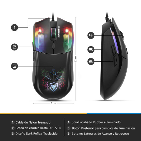 MOUSE GAMER USB MICRONICS NEON MIC GM808 RGB 6B 7200DPI