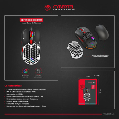 MOUSE GAMER USB CYBERTEL DEFENDER CYB M513 RGB DPI7200