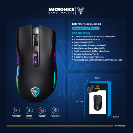MOUSE  GAMER USB MICRONICS KRIPTON GM801-3M RGB DPI4800 8B