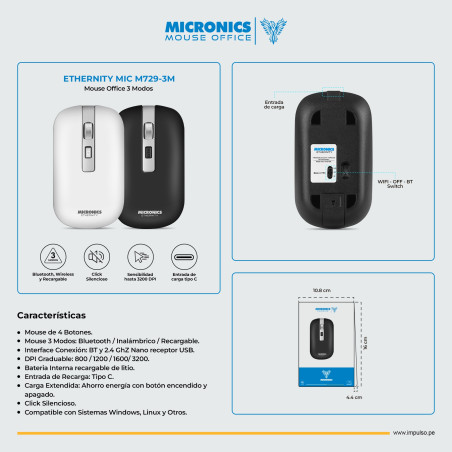 MOUSE INALAMBRICO MICRONICS ETHERNITY MIC M729-3M  BT-WIFI RECARGABLE