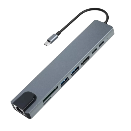 HUB TIPO C 8 EN 1 2 USB 3.0 - LAN RJ45 - HDMI - LECTOR DE MEMORIAS SD Y MICRO SD