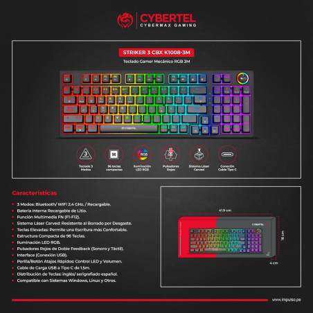 TECLADO GAMER MECANICO RECARGABLE CYBERTEL STRIKER 3 WIFI/BT