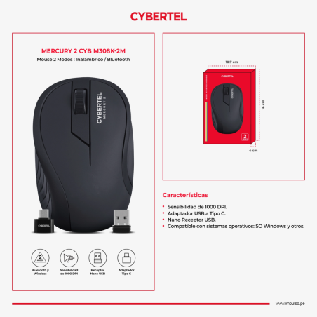 MOUSE INALAMBRICO CYBERTEL MERCURY 2 CYB M308K  2M WIFI-BT