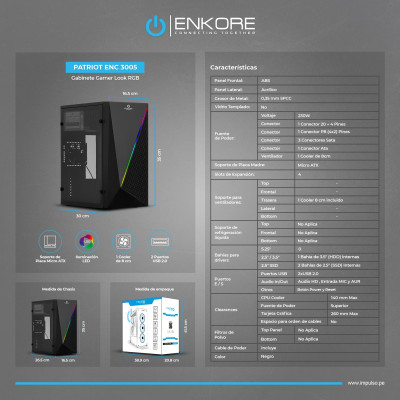 CASE O GABINETE  ENKORE PATRIOT ENC 3005 CON FUENTE PSU 230W RGB