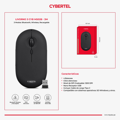 MOUSE INALAMBRICO CYBERTEL LIVORNO 3 CYB M502B  3 MODOS WIFI-BT-RECARGABLE