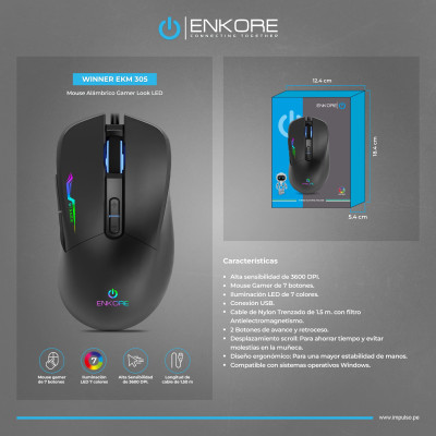 MOUSE GAMER ENKORE WINNER EKM 305 RGB 7LED 7 BOTONES 3600DPI