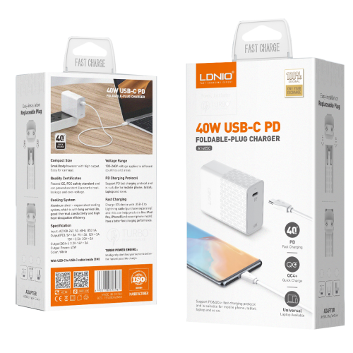 LDNIO A1405C QC4 + USB-C de carga rápida cargador de pared de 40W PD USB cargador para Celular, Tablet, Laptop